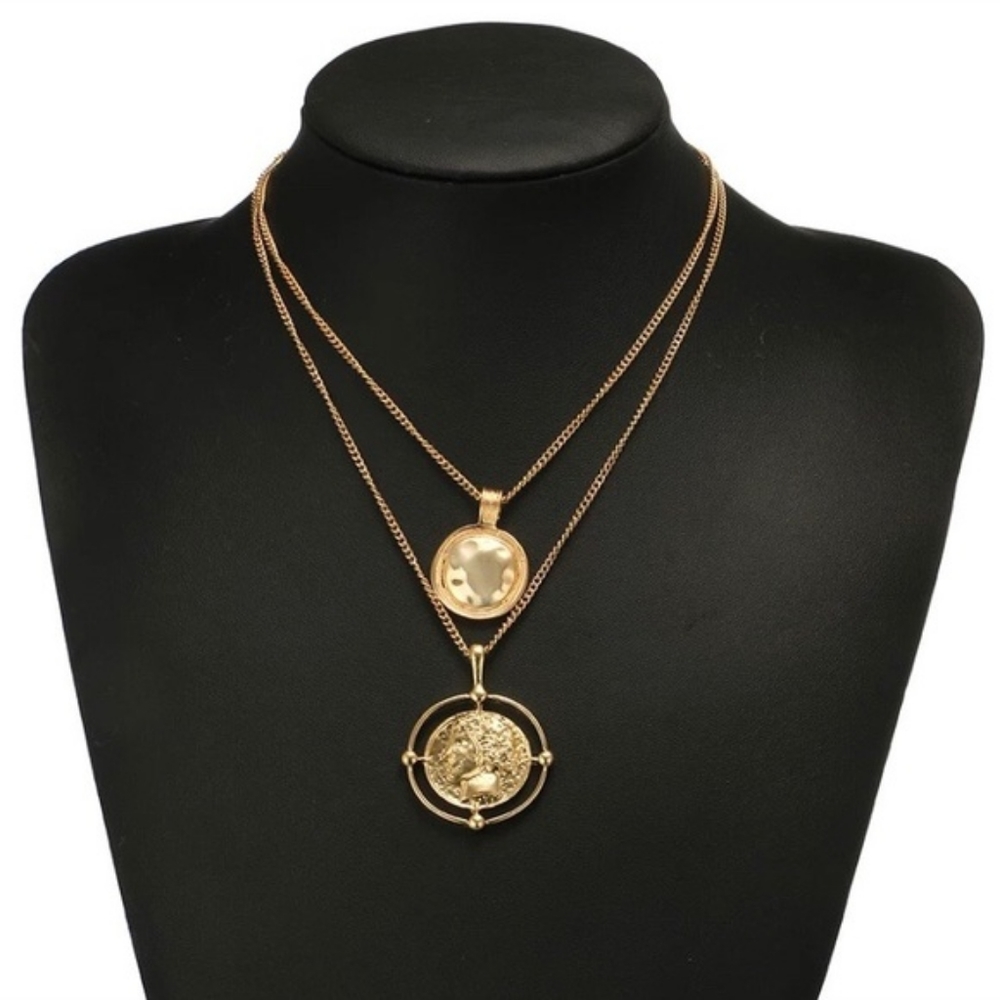 Trendy Trend 18K Gold Coin Pendant Double Chain Necklace